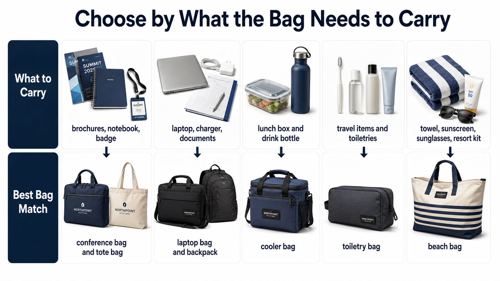 Bag selection guide showing what different bag types can carry for conferences, laptops, lunch, travel items, and beach kits