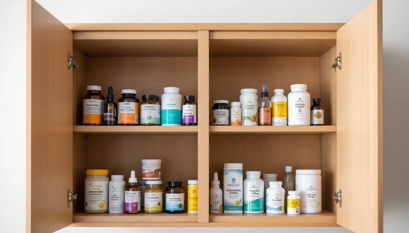 The image depicts a neatly organized medicine cabinet showcasing various dietary supplements, including different forms of magnesium supplements such as magnesium citrate and magnesium oxide, arranged on shelves for easy access. The cabinet reflects a focus on health, with labels clearly indicating the benefits and proper usage of each mineral supplement.