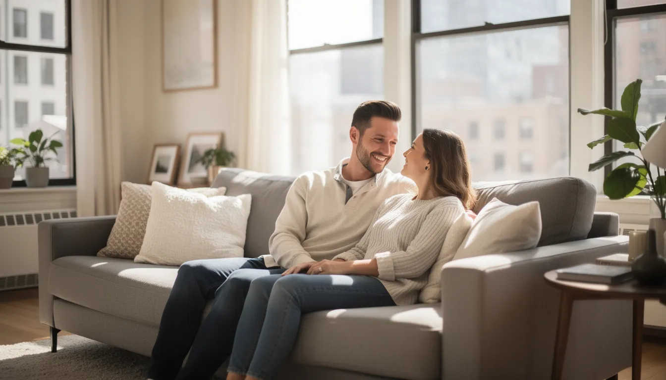 A calm couple sits closely together on a couch in a bright New York apartment, embodying the emotional ease often found in the honeymoon stage of marriage. Their relaxed posture and subtle smiles reflect a strong emotional connection, showcasing the loving relationship that thrives through life's challenges.