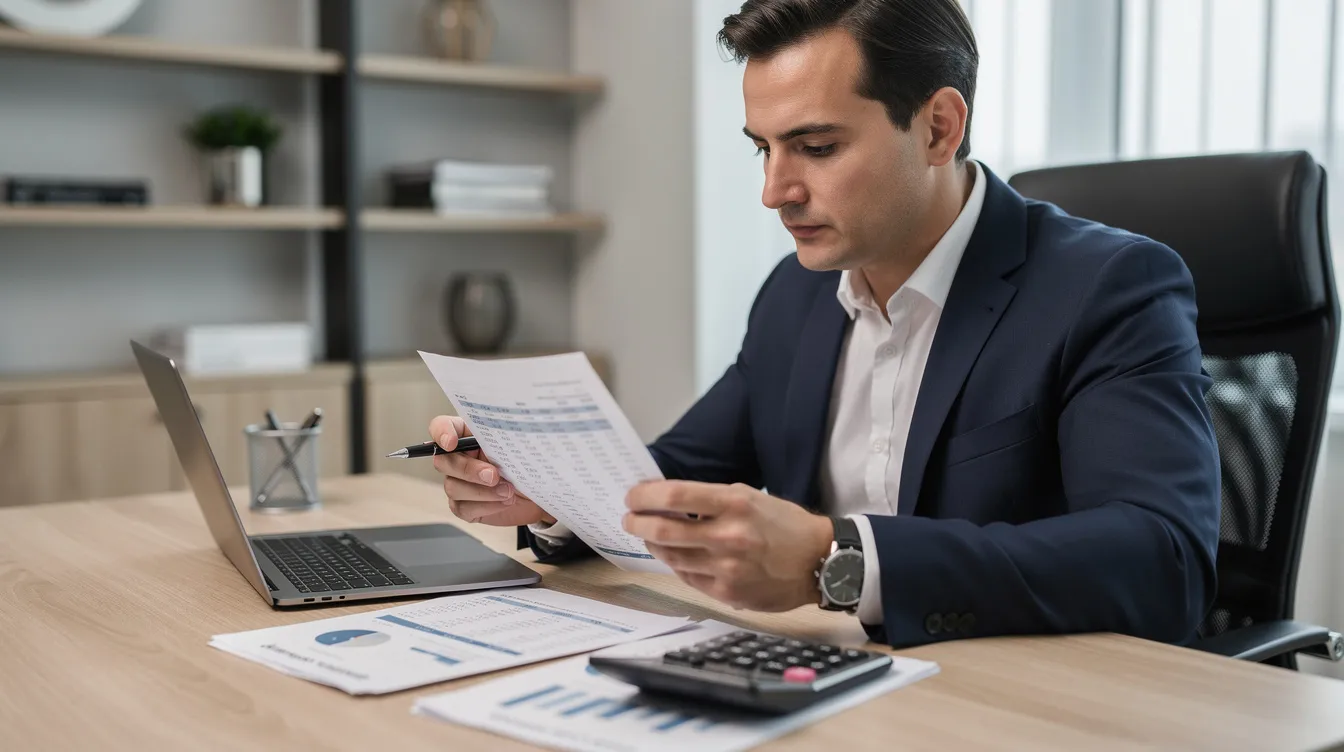 A banker is seated at a desk, diligently reviewing financial documents, including a cash flow statement and balance sheet, while using a calculator. The scene reflects the importance of financial analysis in the banking industry, particularly in relation to investment and project reports for various sectors, including the puffed rice industry.