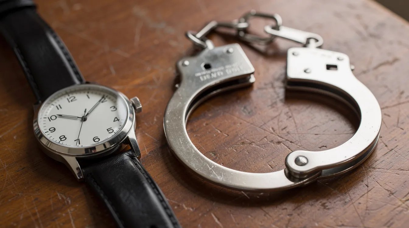 Na drewnianym stole leżą policyjne kajdanki obok zegarka, który wskazuje godzinę. Obraz ten może symbolizować chwilę zatrzymania osoby przez policję w związku z uzasadnionym podejrzeniem popełnienia przestępstwa.