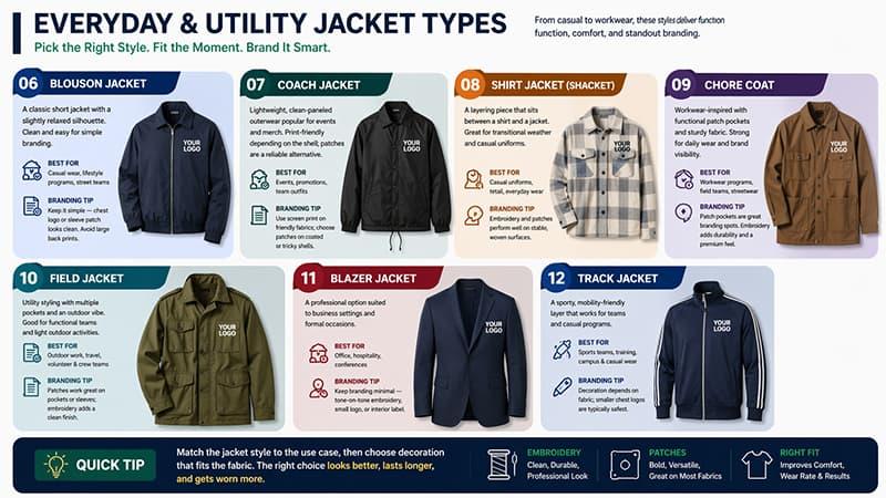 Everyday and utility jacket types infographic with blouson, coach, shacket, chore coat, field jacket, blazer, and track jacket