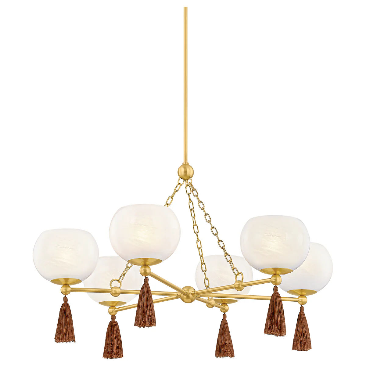 Niya 6-Light Chandelier with alabaster glass shades, gold metal frame, and decorative tassels.