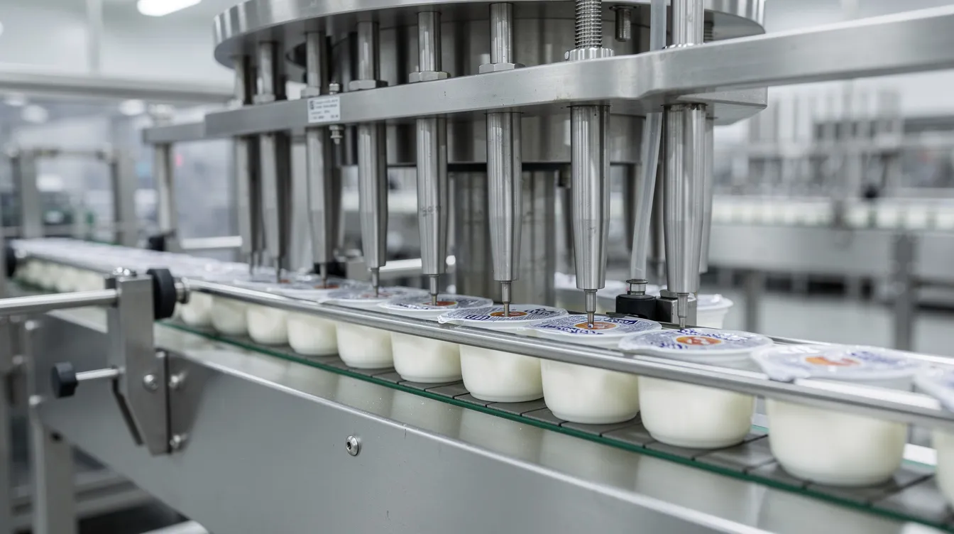 c6cdc570 39ac 4183 a91c ab192fe8d46b The image shows a close-up of an automated dairy cup filling and sealing machine on a production line, with cups of probiotic dairy products moving along a conveyor belt. This setup highlights the manufacturing process of fermented milk products, showcasing the efficiency of the dairy industry in producing functional foods that confer health benefits.