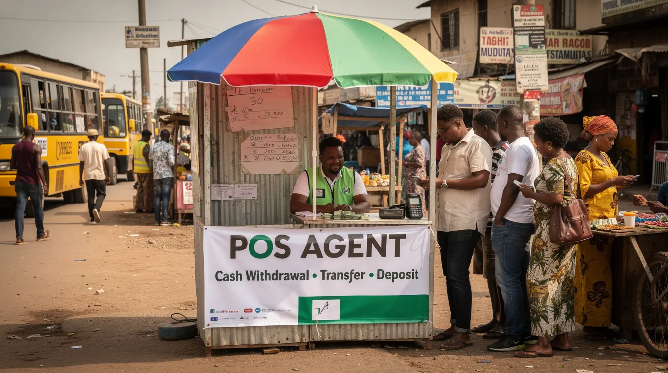 The image depicts a bustling Nigerian street with a POS agent kiosk, where several customers are lined up, likely to access financial services such as withdrawing cash or making payments through their Opay accounts. The scene reflects the growing trend of financial inclusion in Nigeria, showcasing the convenience of mobile money and payment methods available to users.