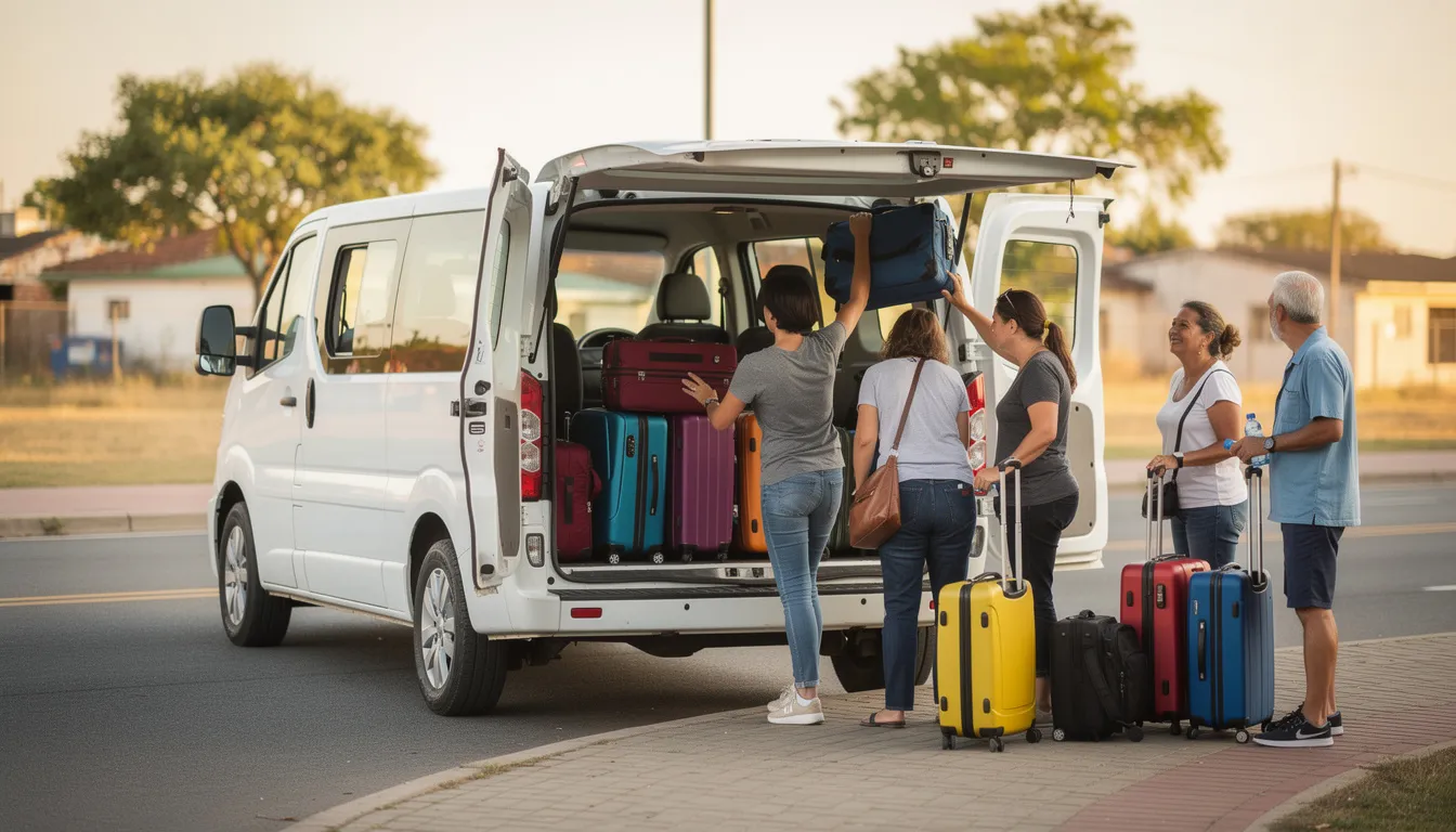 Une image montre un minibus blanc, probablement un Ford Transit, où un groupe de voyageurs charge des valises dans le coffre arrière. Ce moment illustre les préparatifs d'un voyage en famille ou entre amis, mettant en avant le confort et l'espace offerts par ce véhicule de location de minibus.