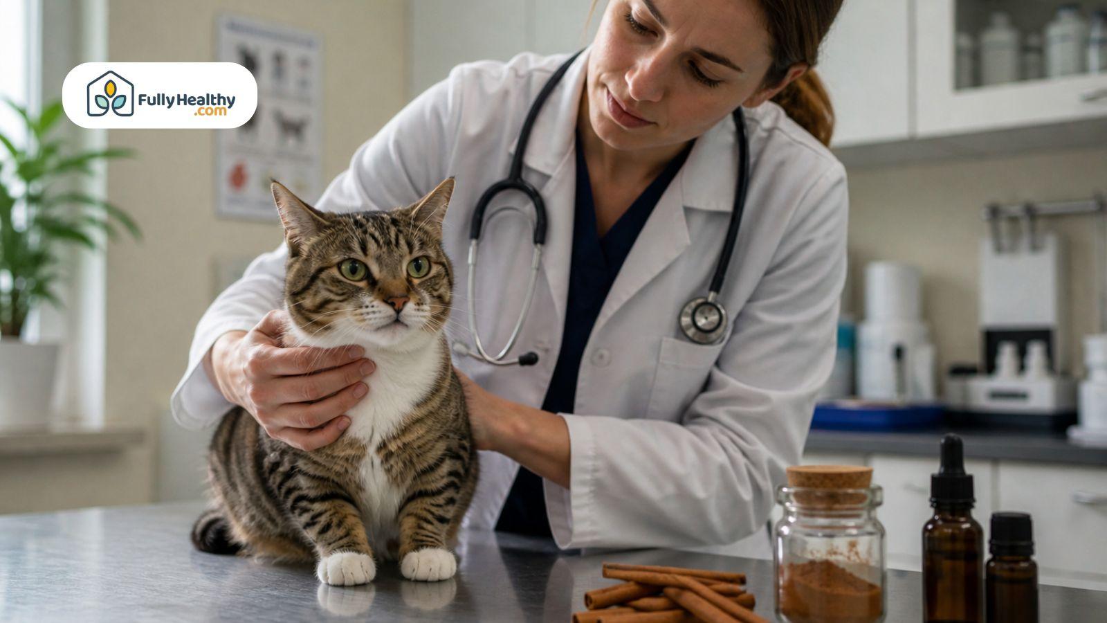 Veterinarian examining calm cat with cinnamon nearby