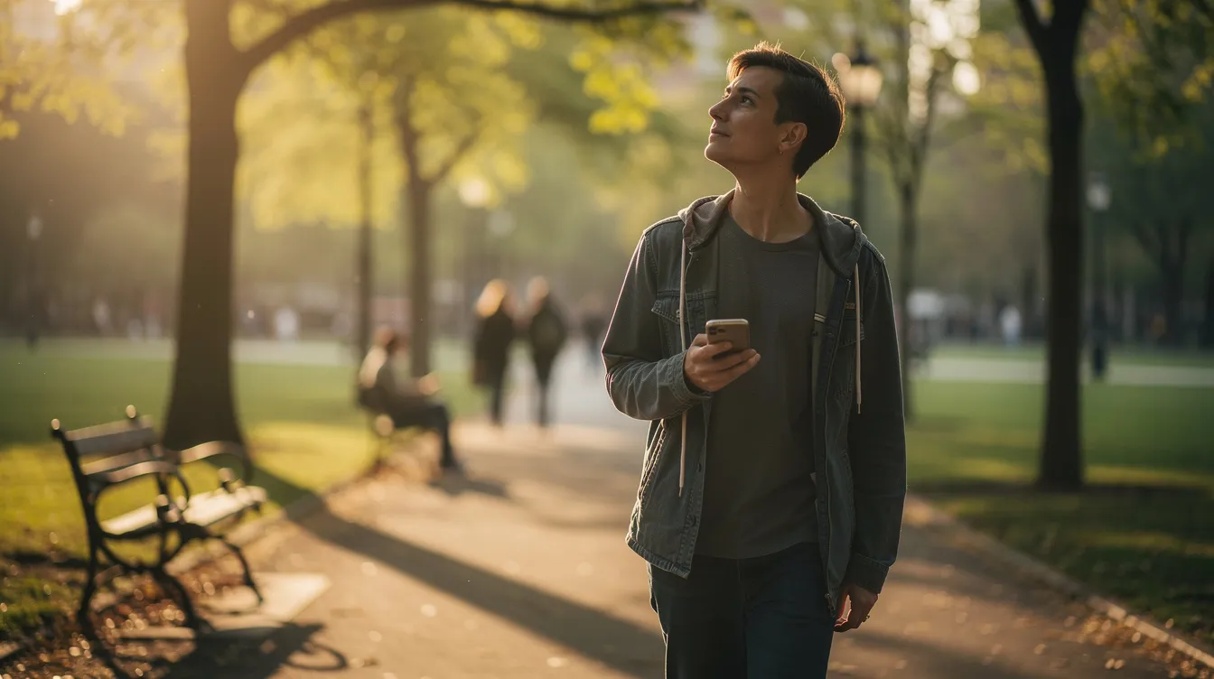 Une personne marche dans un parc en fin de journée, déconnectée de son téléphone, profitant de l'instant présent. Cette scène évoque l'importance de la gestion du temps et de la vie privée pour mieux gérer son temps et ses priorités au quotidien.