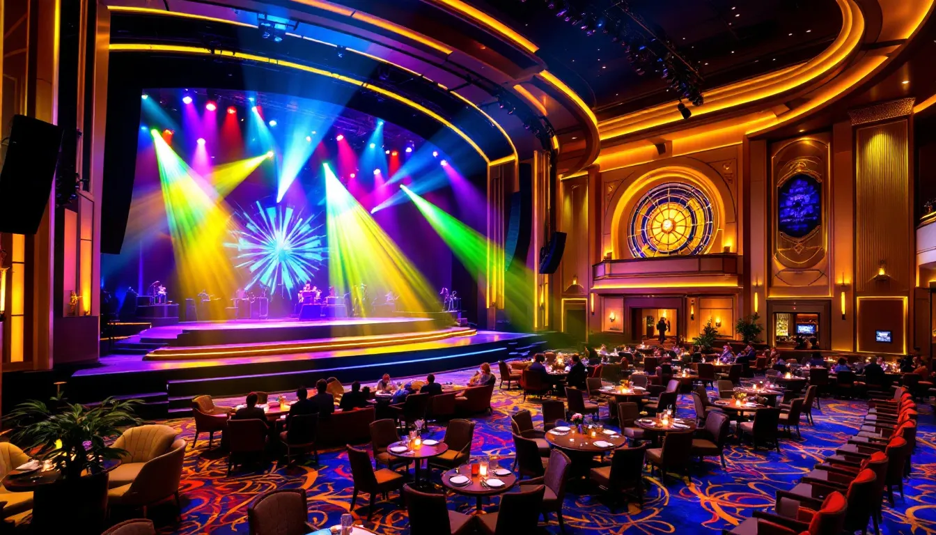 The image depicts a vibrant casino resort entertainment venue featuring a well-lit stage and ample seating for guests. This setting is ideal for hosting events and promoting gambling activities, with a focus on engaging content and responsible gambling practices.