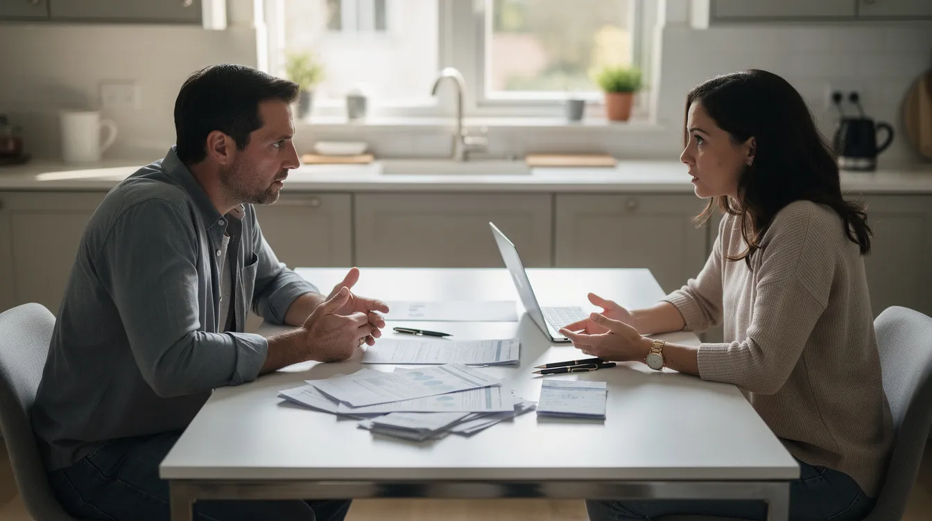 The image depicts a couple engaged in a serious discussion at their kitchen table, with various financial documents spread out between them, likely related to debt restructuring and their financial situation. The atmosphere suggests they are addressing important issues such as repayment plans and managing their debts effectively.
