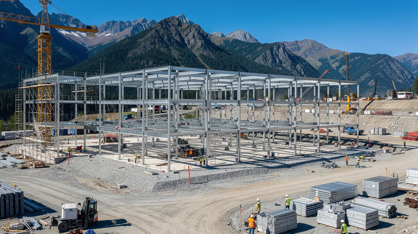 The image depicts a commercial construction site set in a mountainous region, featuring steel framing against a backdrop of a clear blue sky. This scene illustrates the complexities of construction projects, highlighting procurement risk management and the importance of understanding material costs and market conditions in the face of potential price escalation.