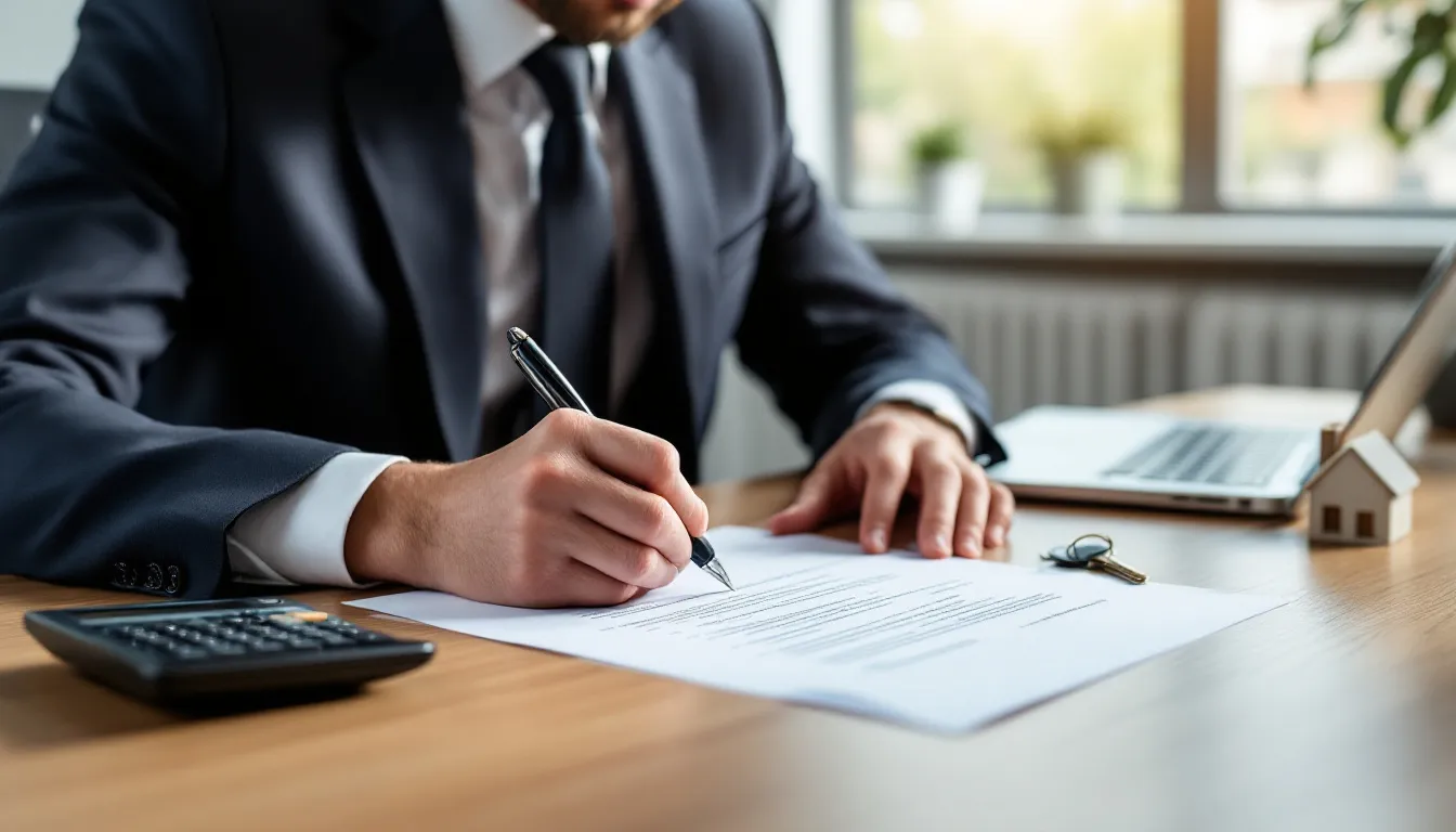 Uma pessoa está assinando documentos em uma mesa, ao lado de uma calculadora e chaves de casa, simbolizando o processo de transmissão de bens imóveis. Este momento pode envolver questões como o ITBI e a verificação da base de cálculo para a aquisição de um imóvel.