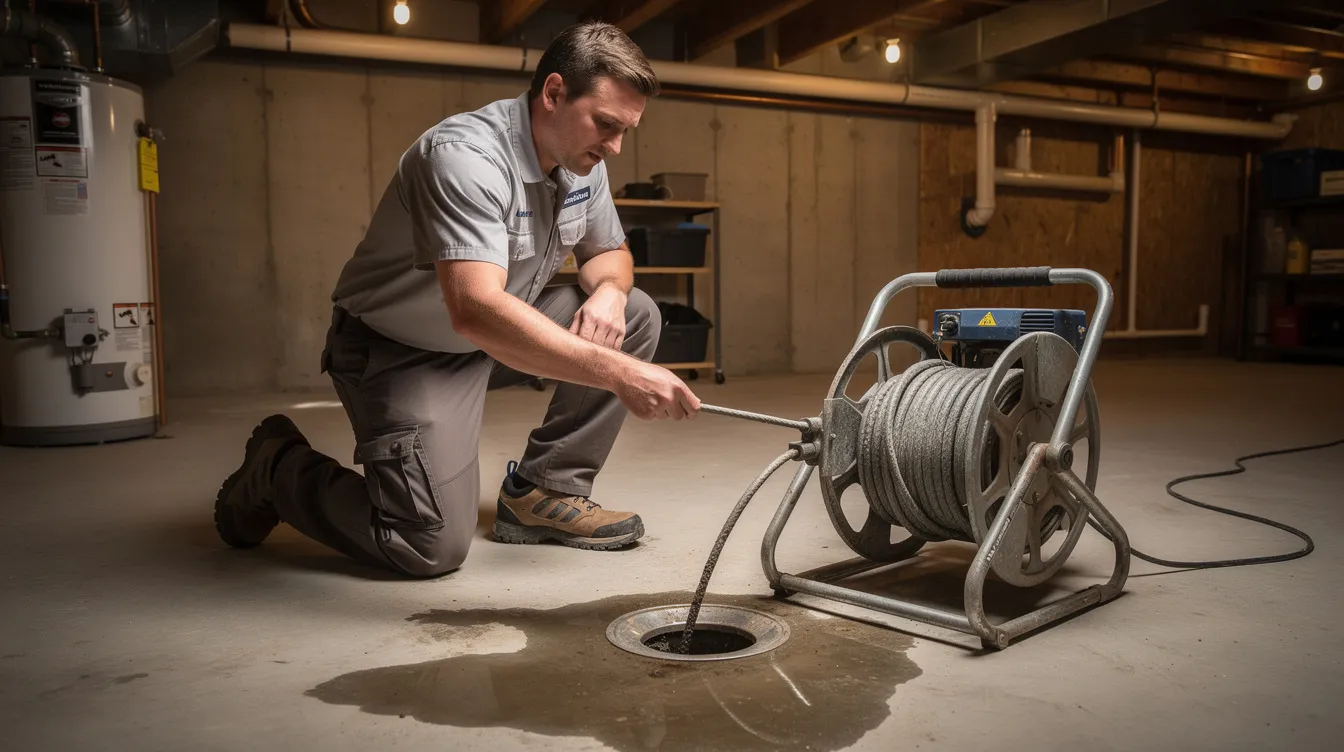 A licensed plumber is seen feeding a motorized drain snake into a floor drain in a residential basement, addressing clogged drains and plumbing repairs. This professional is equipped with tools to effectively diagnose and fix plumbing issues, ensuring the home remains free from major damage.