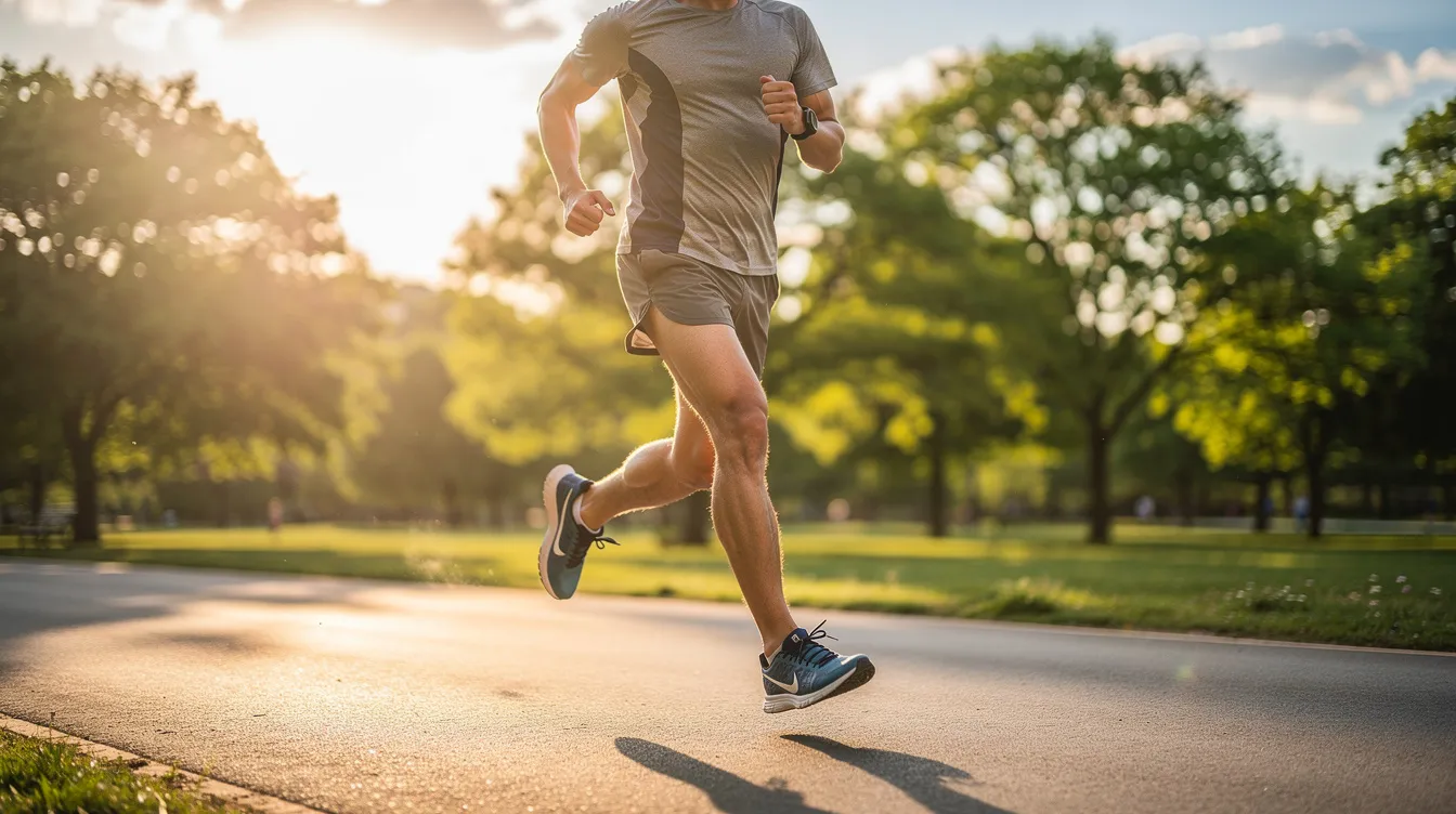A person is jogging outdoors in the warm afternoon sunlight, embodying an active lifestyle that can improve sleep quality and regulate sleep patterns. Engaging in such physical activity may positively influence gut microbiota and overall well-being, potentially alleviating issues related to sleep disorders and enhancing restorative sleep.