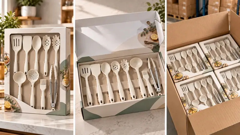 The same utensil set shown in a retail box, e-commerce mailer, and wholesale carton.