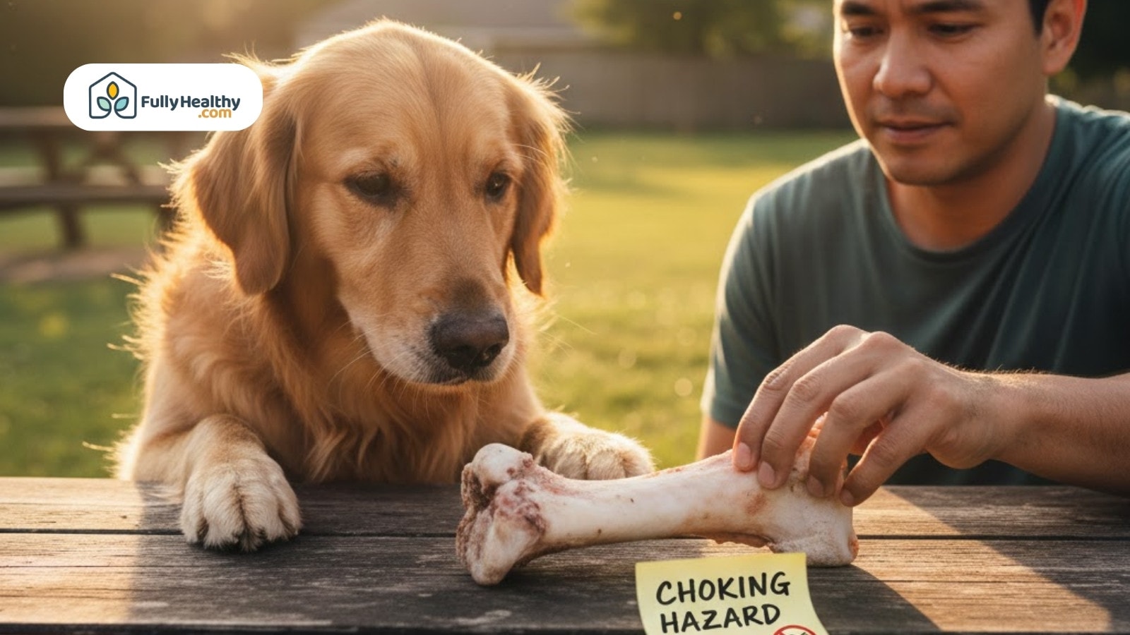 Man warning dog about large bone marked as a choking hazard