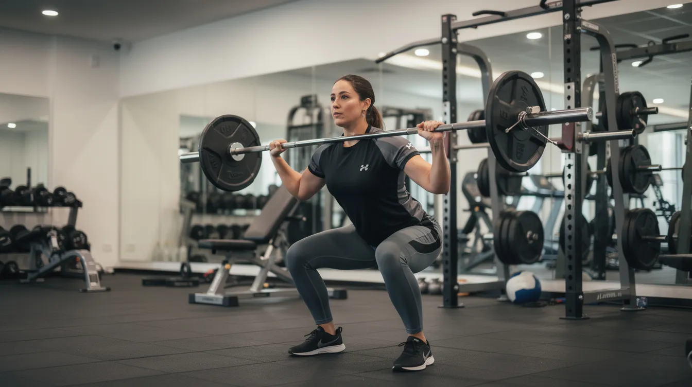 Een persoon voert squats uit met een goede techniek in een sportschool, waarbij de focus ligt op het verhogen van de intensiteit en het aantal herhalingen om progressieve overload toe te passen. Deze oefening helpt bij spiergroei en krachttoename, wat essentieel is voor het boeken van vooruitgang in krachttraining.