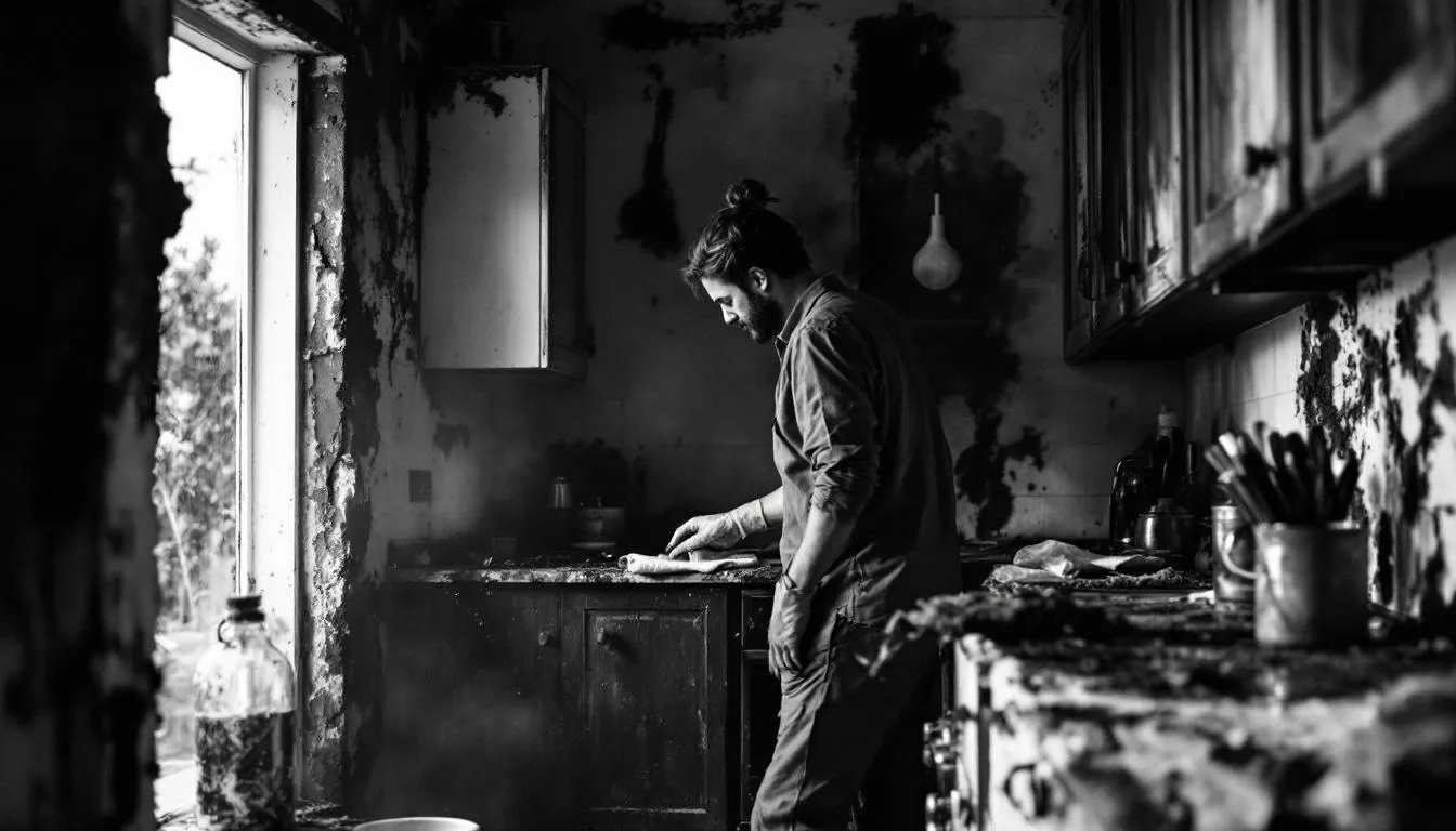 A person cleaning a kitchen after a fire, using cleaning supplies to remove soot and smoke residue.