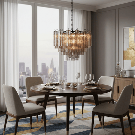 Tiered vintage-style glass chandelier with textured amber panels hanging above a round dining table.