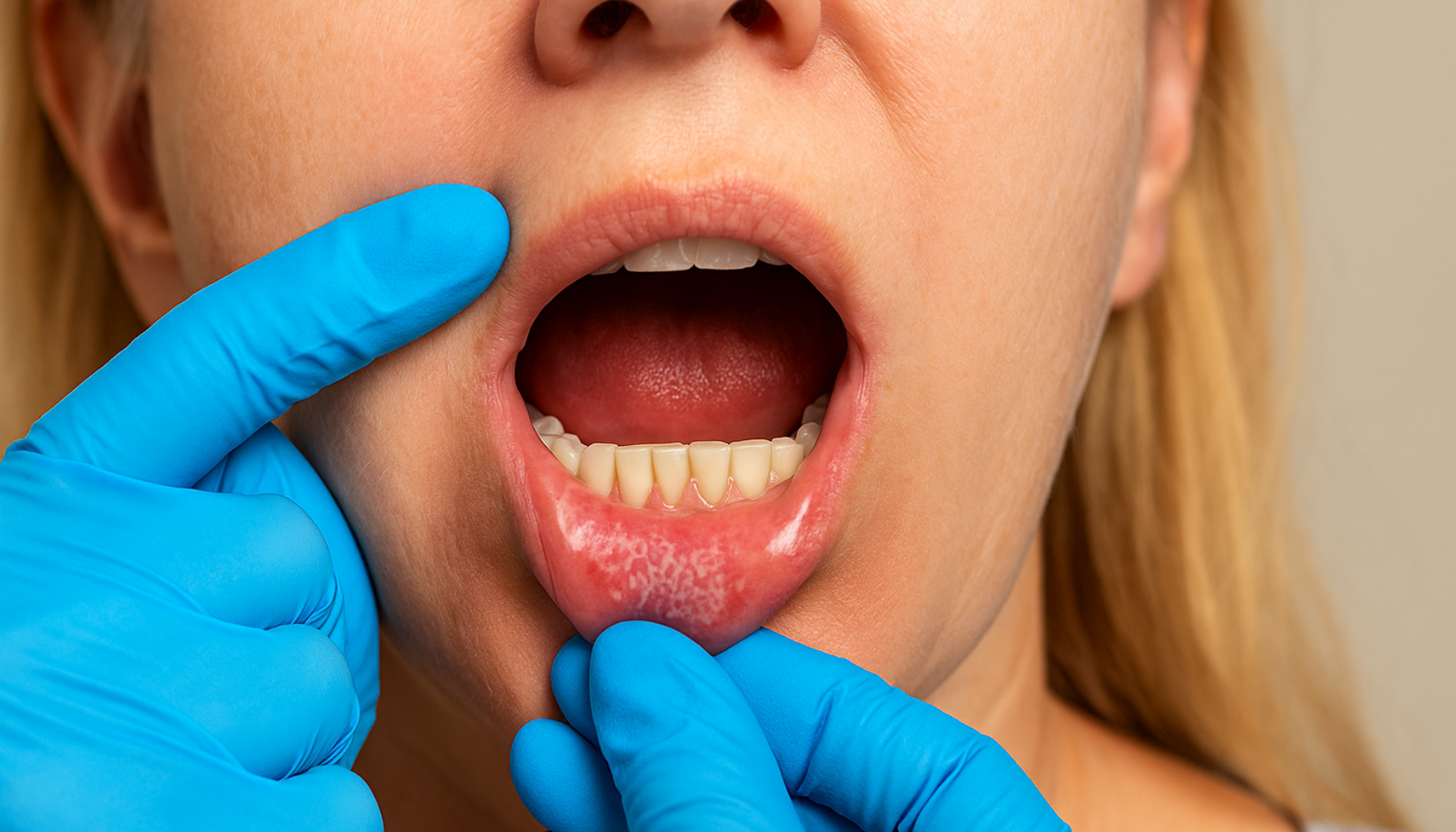 Nærbilde av munn med hvite flekker på innsiden av leppen, typisk for oral lichen planus. lichen planus oral lichen planus lichen planus huden hos ofte slimhinner behandling utslett sykdommen får små hud vanlig sjelden mer kløende utslettet årsak tilfeller symptomer oftest striper vanligvis fleste kvinner hvite årsaken rundt gir negler flekker tilstanden 30 60 legger slimhinnene munnhulen komme områder diagnosen sår rød infeksjon andre tabletter ukjent brukes streker kronisk menn finnes overflate skinnende måneder utseende sykdom økt