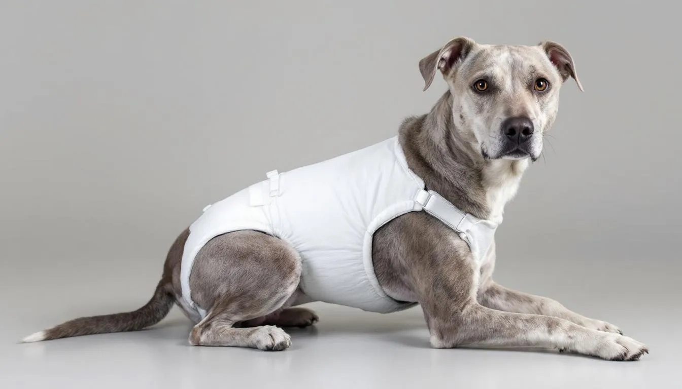 A female dog is wearing a protective diaper to manage bleeding during her heat cycle, which is a part of her reproductive cycle. This diaper helps prevent any messy accidents from vaginal discharge while she is in heat, ensuring a clean and comfortable environment for both the dog and her pet parent.