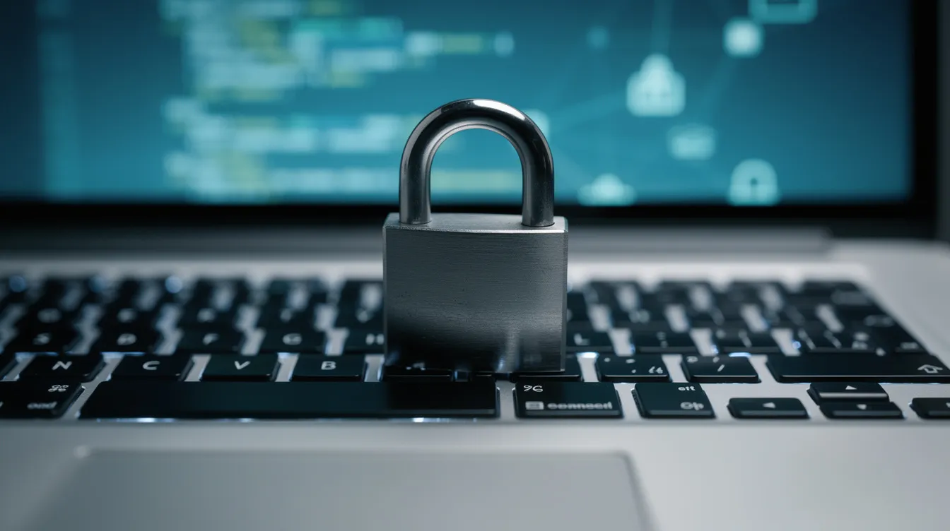 A close-up image shows a padlock resting on a laptop keyboard, symbolizing the importance of online security for managing a bank account in Canada. This visual emphasizes the need for secure online banking practices when opening a new bank account or handling international money transfers.