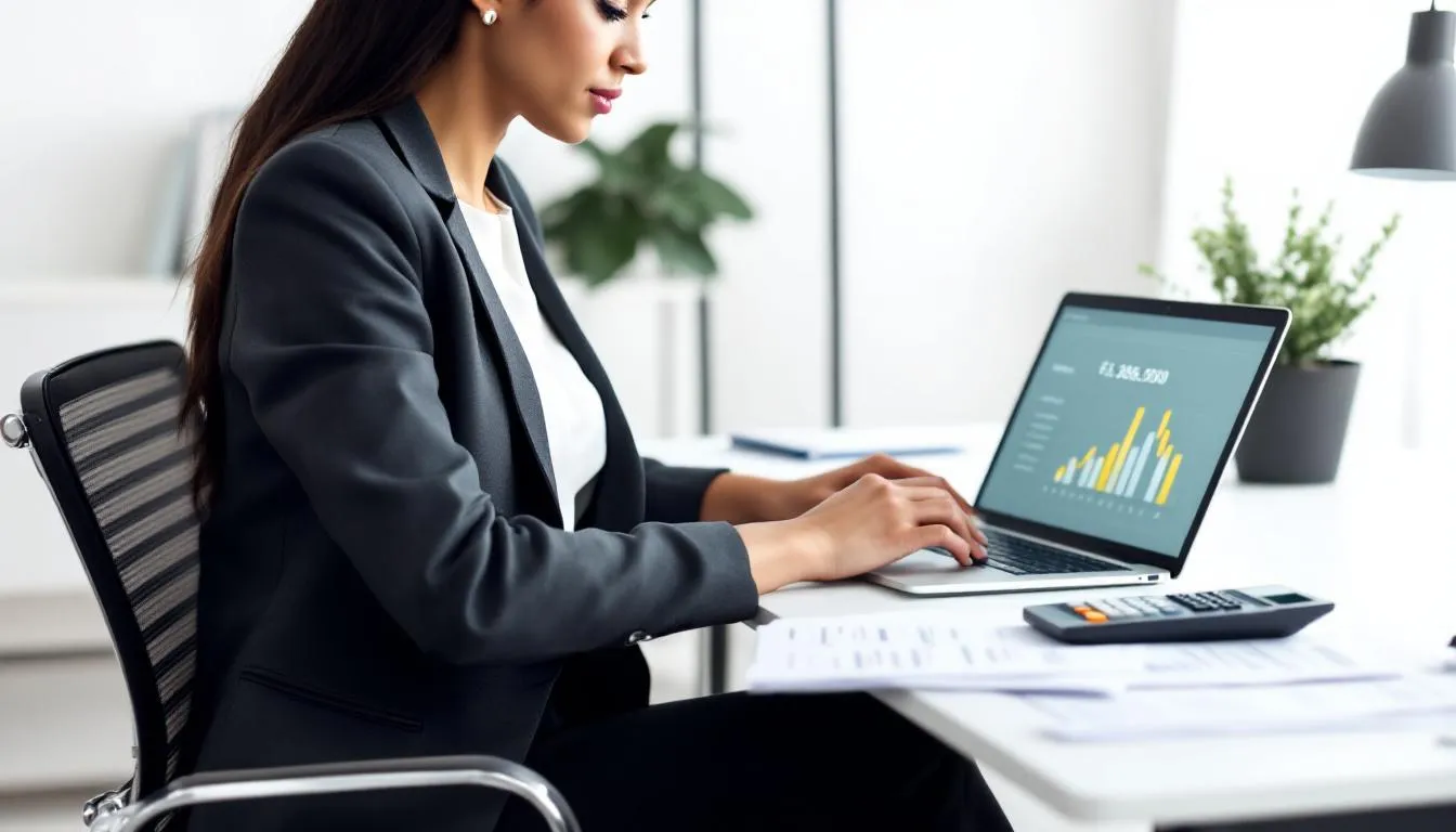 A professional bookkeeper is seated at a desk, focused on a computer while surrounded by financial documents, exemplifying the essential role of accounting services in managing financial records for small businesses. This scene highlights the expertise and support provided by local accountants during tax time to ensure compliance with Australian tax law.