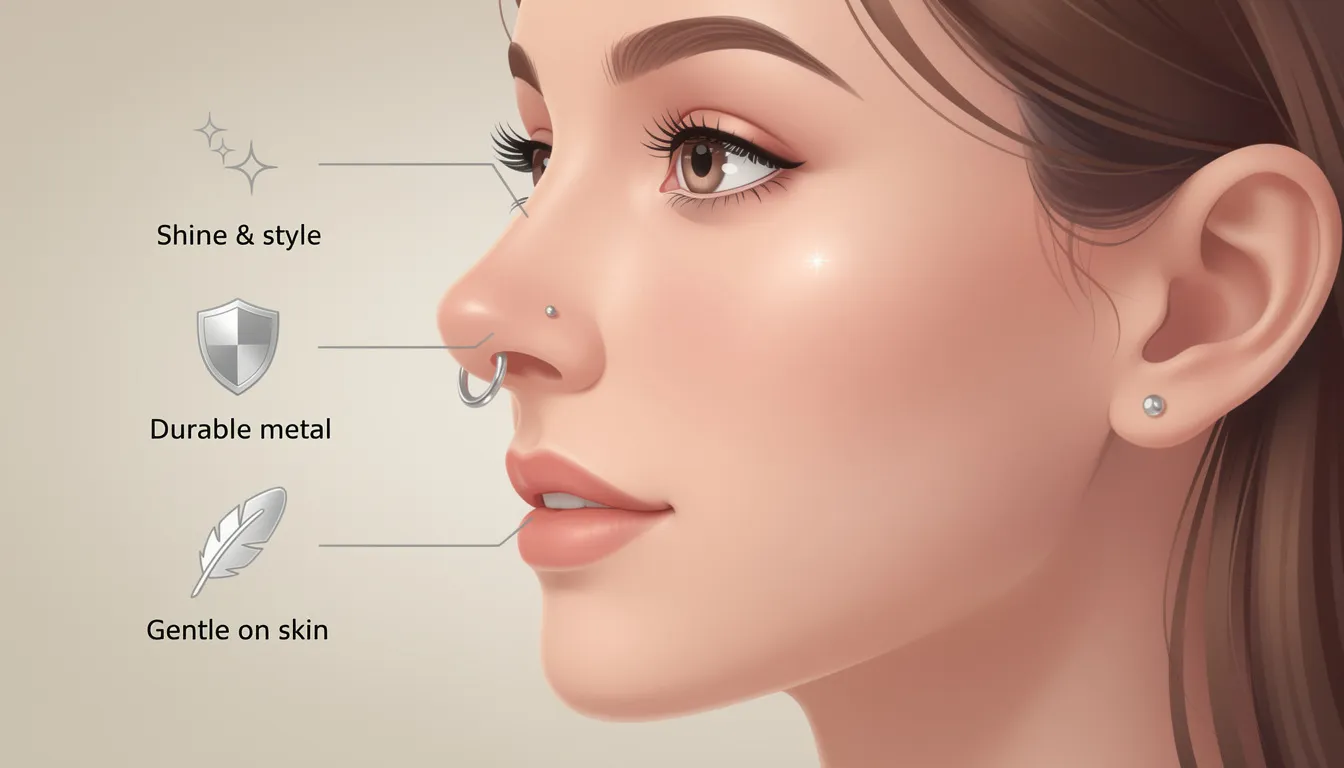The image showcases a collection of sterling silver nose rings and hoops, emphasizing their smooth finish and stylish designs suitable for everyday wear. These pieces of nose jewellery are crafted for both comfort and aesthetic appeal, making them an ideal choice for anyone looking to elevate their piercing style.