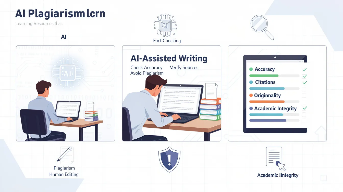 The infographic depicts a student sitting at a desk, using a laptop to review AI-generated text for accuracy and originality. Surrounding the student are icons representing academic integrity, plagiarism detection, and proper citation practices, emphasizing the importance of avoiding plagiarism and properly attributing ideas in their written work.