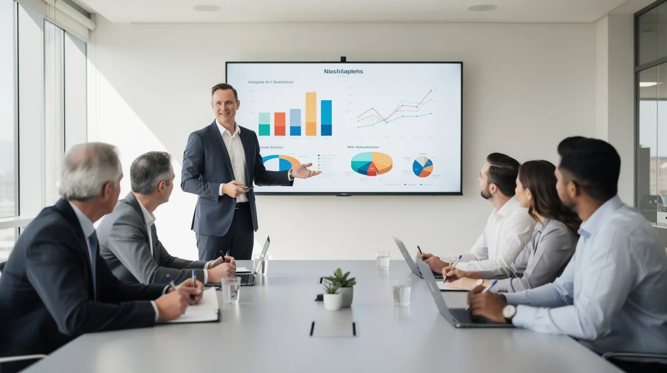 A professional is presenting data insights to a small group of colleagues in a bright meeting room, showcasing the impact of AI tools on data analysis and the importance of human judgment in leveraging AI for business outcomes. The atmosphere reflects a collaborative environment where data teams discuss how AI adoption can enhance strategic thinking and critical skills in the workplace.