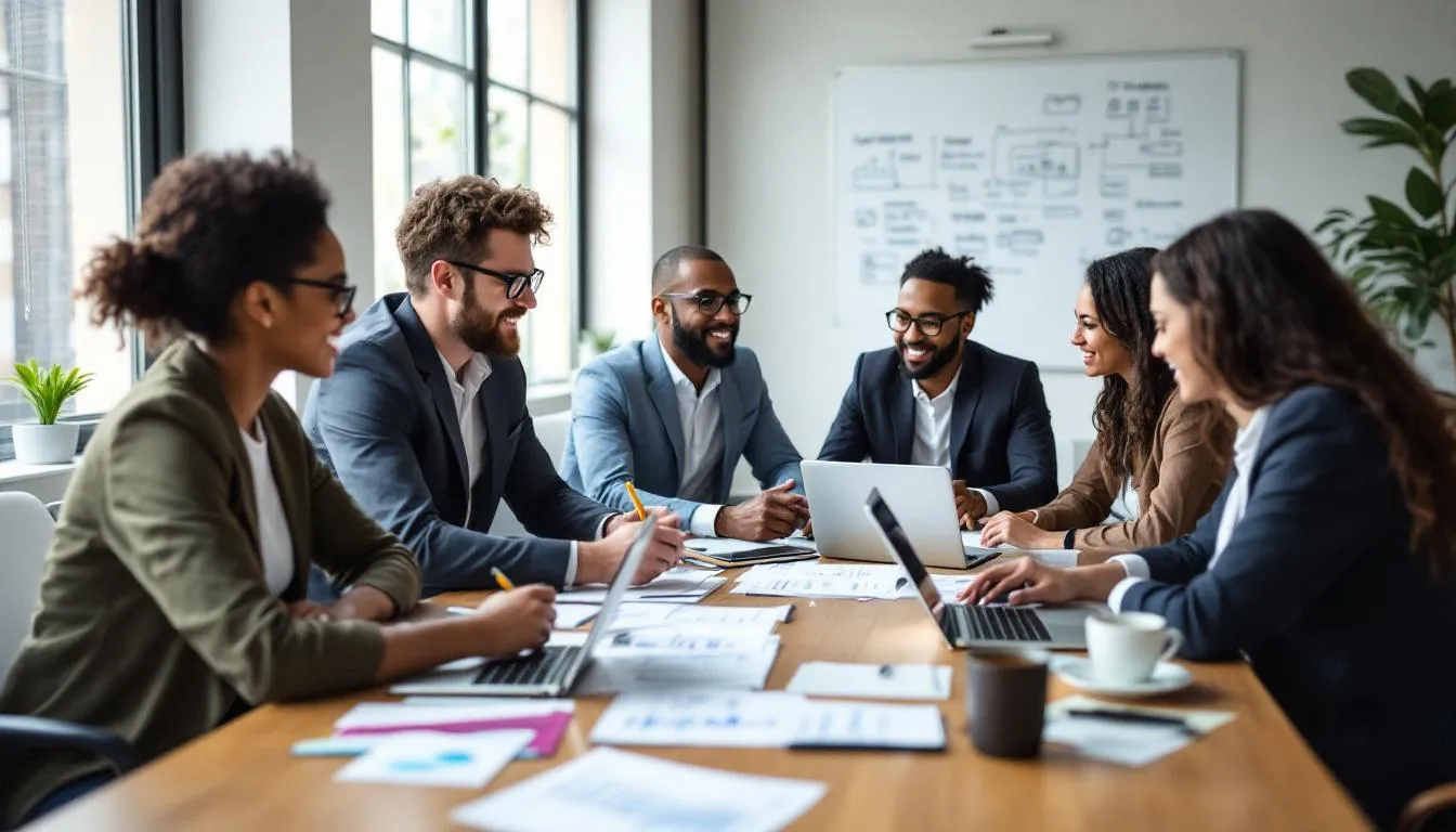 Un equipo de trabajo de un salón de belleza está reunido alrededor de una mesa, revisando diferentes opciones de software para peluquerías en laptops y tablets, analizando cómo elegir el mejor software de gestión para mejorar sus servicios y la experiencia del cliente.
