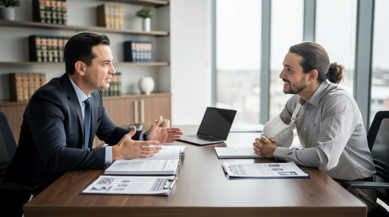 A car accident lawyer is consulting with an injured client in a modern law office, surrounded by legal documents and accident reports on the desk. The client, who is wearing an arm sling, is receiving guidance on their legal options regarding their car accident claim, while natural daylight fills the room, emphasizing the professional atmosphere of the consultation.