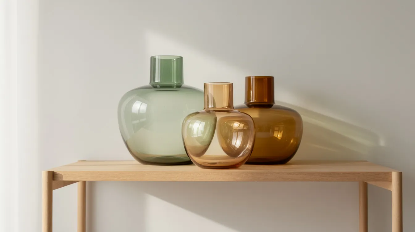 Moderna bubbliga glasvaser i gröna och bärnstenstoner står grupperade på en hylla, vilket skapar en vacker och elegant känsla i hemmet. Dessa vaser i olika storlekar och former passar perfekt för att visa upp snittblommor och buketter.