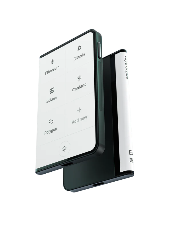 The image features a Ledger Stax hardware wallet, equipped with an OLED display that is showcasing transaction details. This secure device is designed for safely storing cryptocurrency assets and managing private keys offline, ensuring maximum security for users in the crypto world.