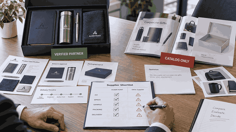 Business buyer comparing a reliable corporate gifting company with a catalog-only supplier using samples, specifications, packaging, and delivery criteria.