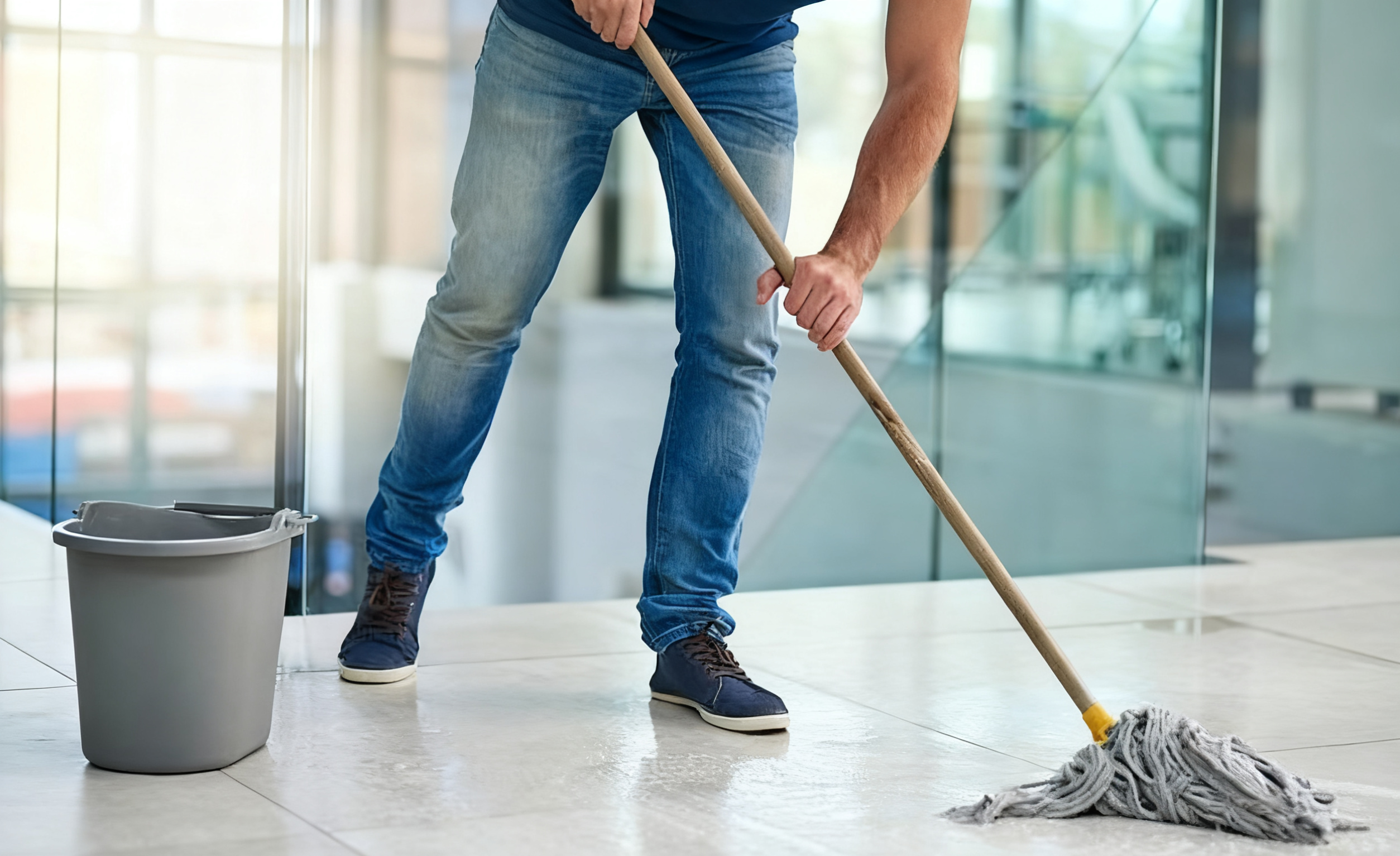 A man is mopping the floor with a microfiber mop.