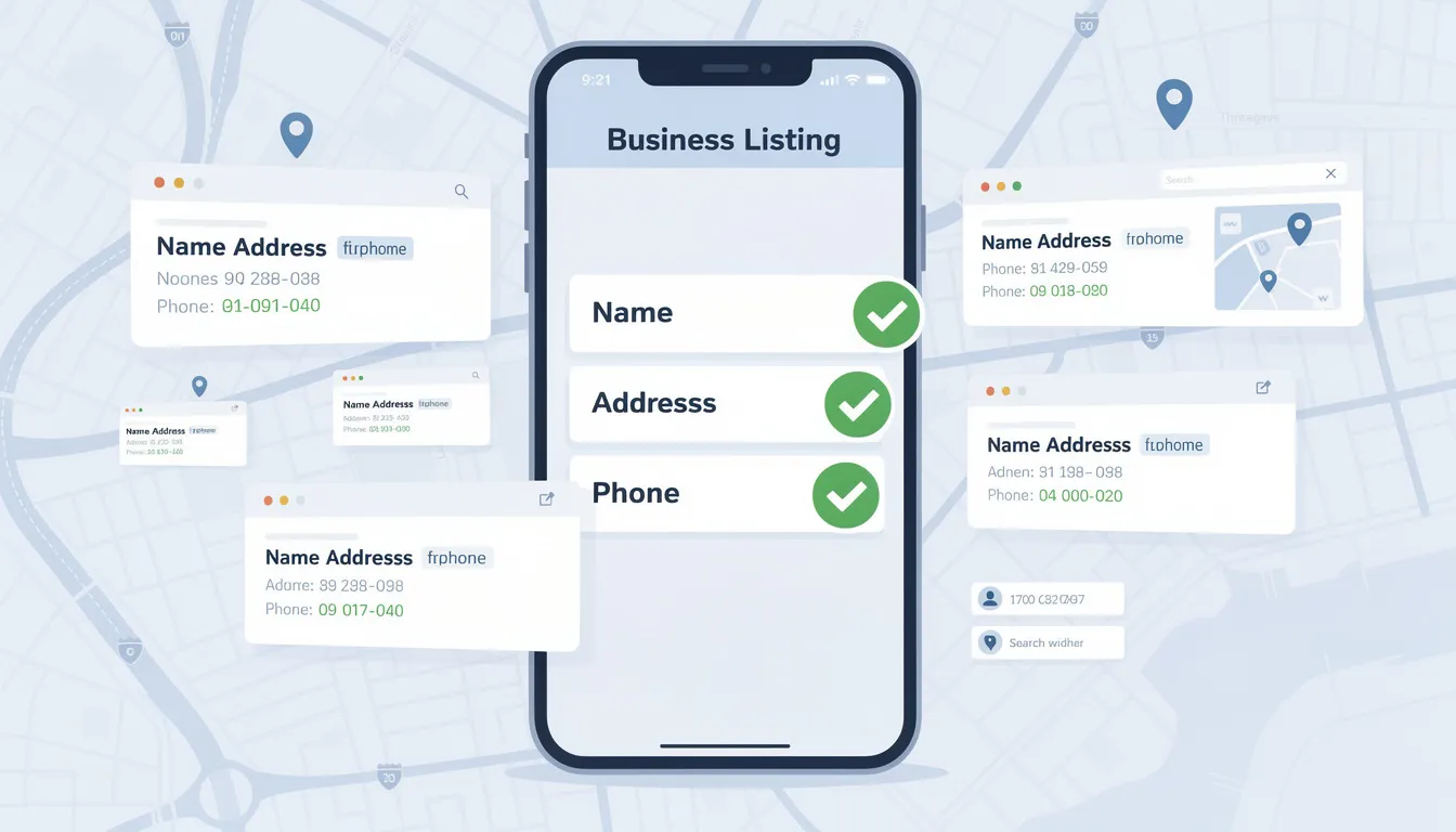 An informative graphic highlights the importance of maintaining accurate and complete business information, including contact details and location, for local businesses to enhance their online visibility and attract more potential customers through local business directories and search engines. The image emphasizes the need for consistency in listings to build customer trust and improve search results.