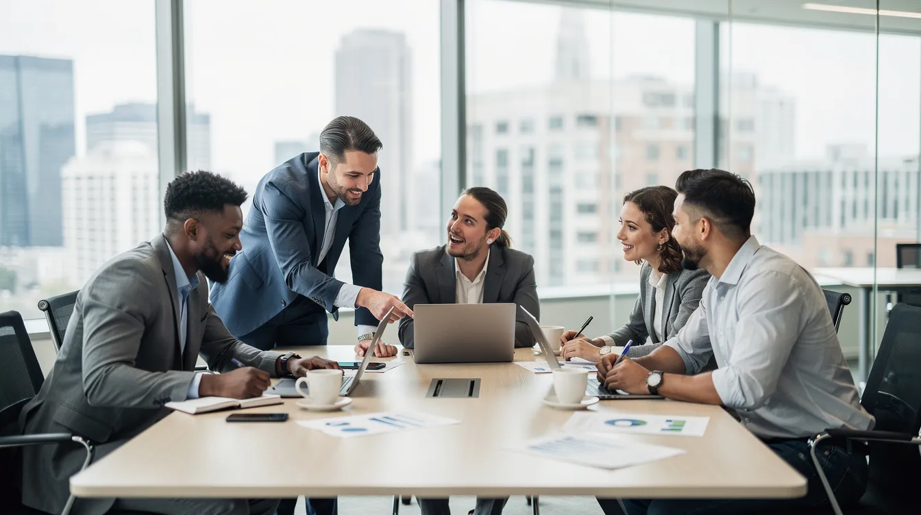 A diverse sales team collaborates around laptops in a modern meeting room filled with natural light, discussing strategies to improve customer engagement and streamline their sales processes. They utilize AI sales tools to analyze customer data and enhance their sales productivity through effective communication and relationship building.