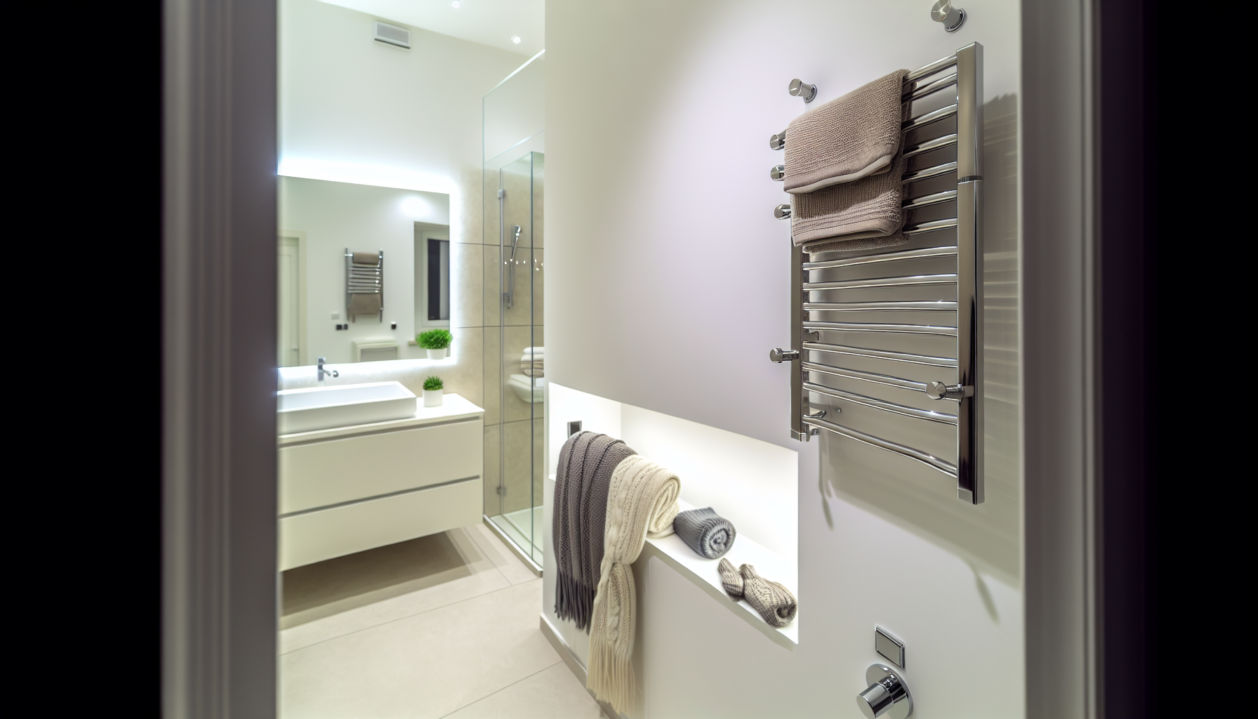 European bathroom with a towel warmer used for drying clothes