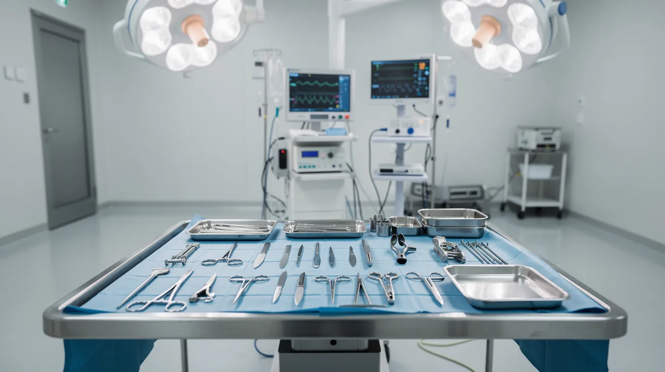 Imagen de un quirófano moderno, con una mesa estéril que presenta instrumental quirúrgico dispuesto ordenadamente. Este entorno está diseñado para realizar procedimientos médicos, como la corrección del pezón invertido, asegurando un ambiente seguro y controlado para el tratamiento de diversas patologías mamarias.