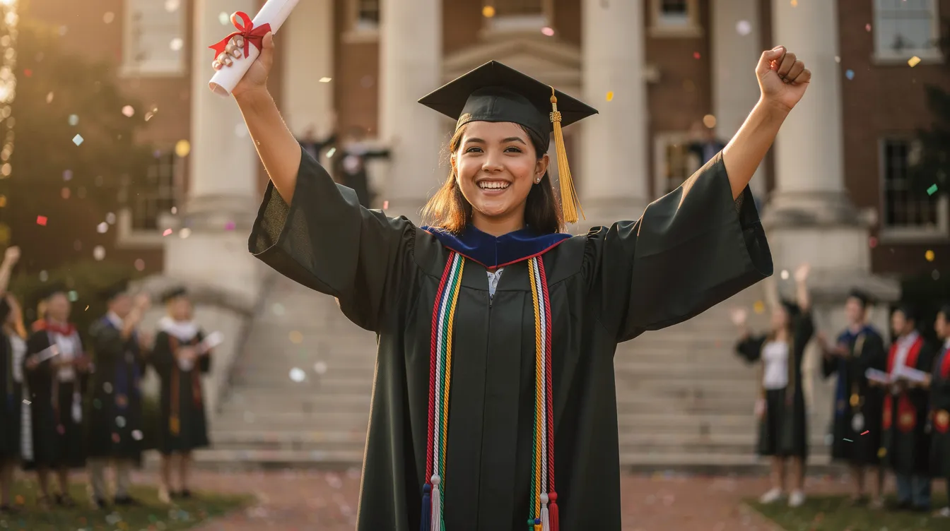 A graduate in a cap and gown joyfully celebrates their academic achievement, symbolizing the culmination of their hard work and dedication in nursing school. This moment reflects their commitment to advancing their nursing practice and contributing to patient-centered care in the nursing profession.