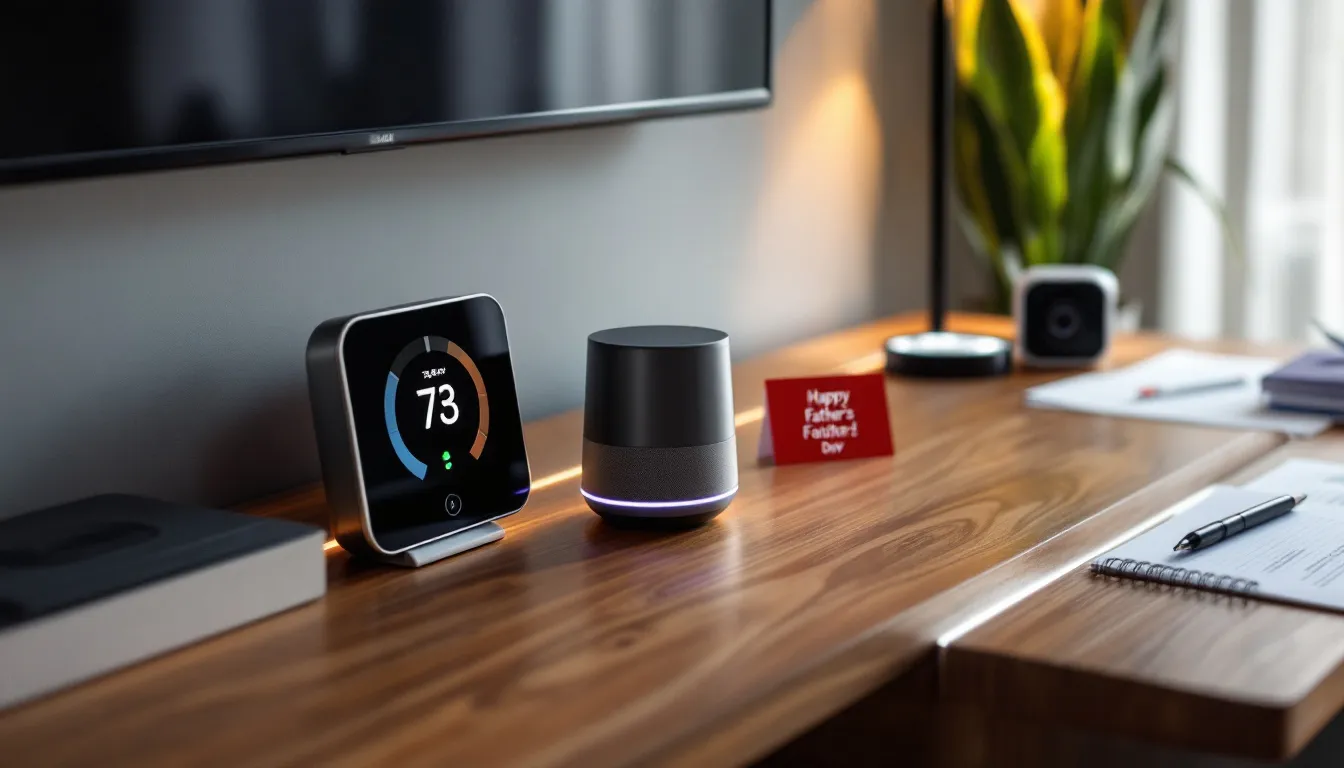 A modern desk displays various smart home gadgets, including a smart thermostat, a voice assistant, and a smart security camera, accompanied by a Father's Day gift card, making it an ideal setup for tech gifts that any dad would appreciate. These father's day tech gifts showcase the perfect blend of functionality and modern technology for the home.