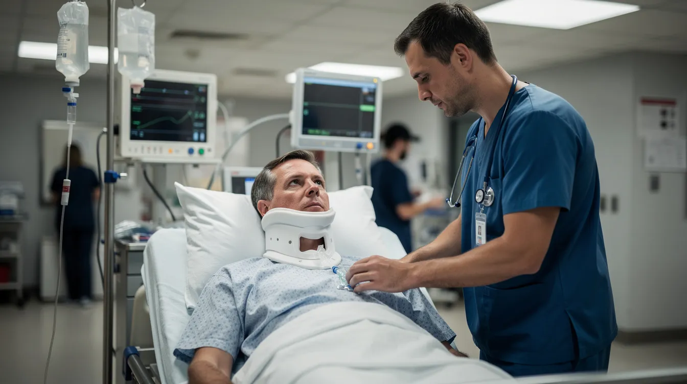 Un médico está examinando a un paciente que lleva un collarín cervical en una sala de emergencias, lo que sugiere que ha sufrido lesiones como resultado de un accidente de auto. La atención médica en este entorno es crucial para las víctimas de accidentes en Houston que buscan compensación por sus daños.