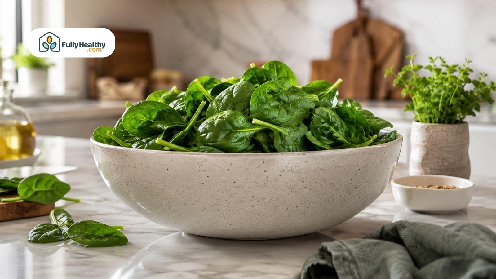 Fresh baby spinach leaves in a large ceramic bowl on a kitchen countertop.