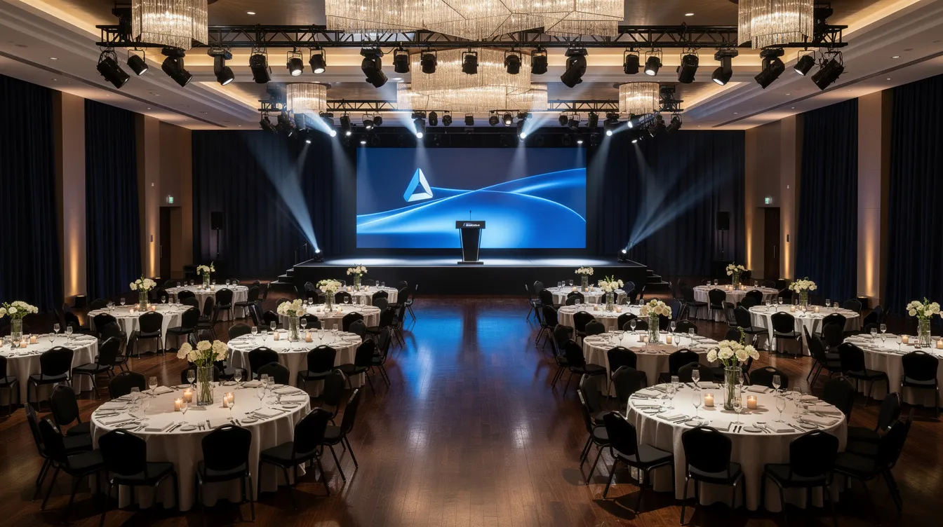 The image depicts a beautifully arranged hotel ballroom at the Minneapolis Convention Center, set for a corporate gala with dramatic overhead lighting and a large stage designed for presentations. The space is equipped for audio visual needs, including video projection and sound, creating an elegant atmosphere for events in downtown Minneapolis.