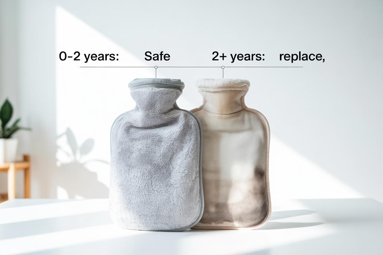 The image illustrates key indicators for determining when to replace your hot water bottle, including signs of wear such as cracks, leaks, and the presence of dots inside. It emphasizes the importance of checking the manufacture date and replacing the bottle every two years to avoid the risk of serious burns from a degraded heat source.