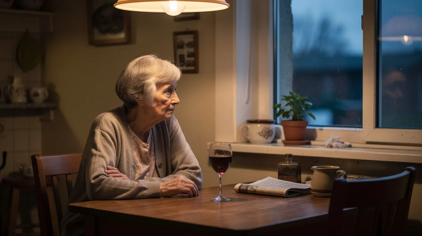 An elderly woman sits alone at a kitchen table, holding a glass of wine as she gazes out the window, reflecting on her life. This scene highlights the complexities of alcohol consumption among older adults, who may face increased health risks related to drinking patterns.