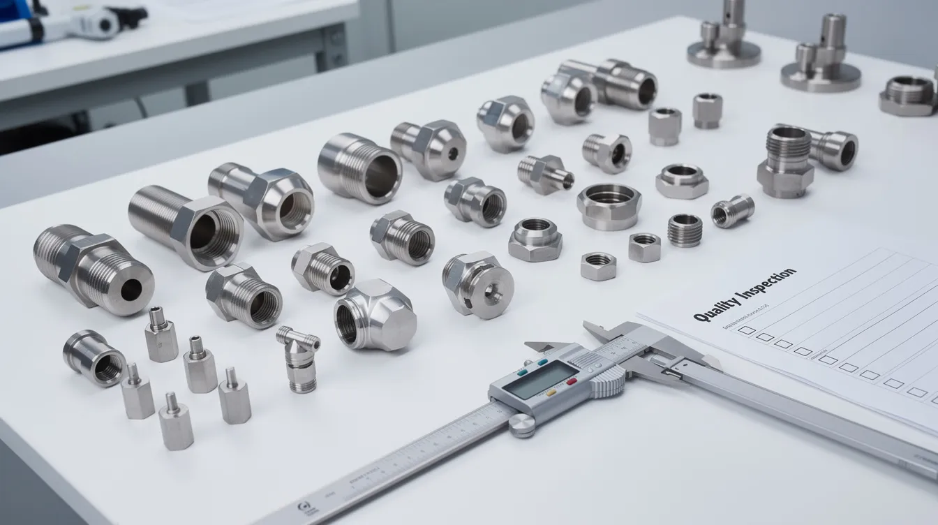 The image showcases a collection of precision-machined stainless steel components and industrial fittings, meticulously arranged for quality inspection, highlighting the importance of rigorous testing in the production manufacturing of medical devices. This scene reflects advanced manufacturing technologies and rapid prototyping capabilities essential for ensuring high-quality, functional prototypes.