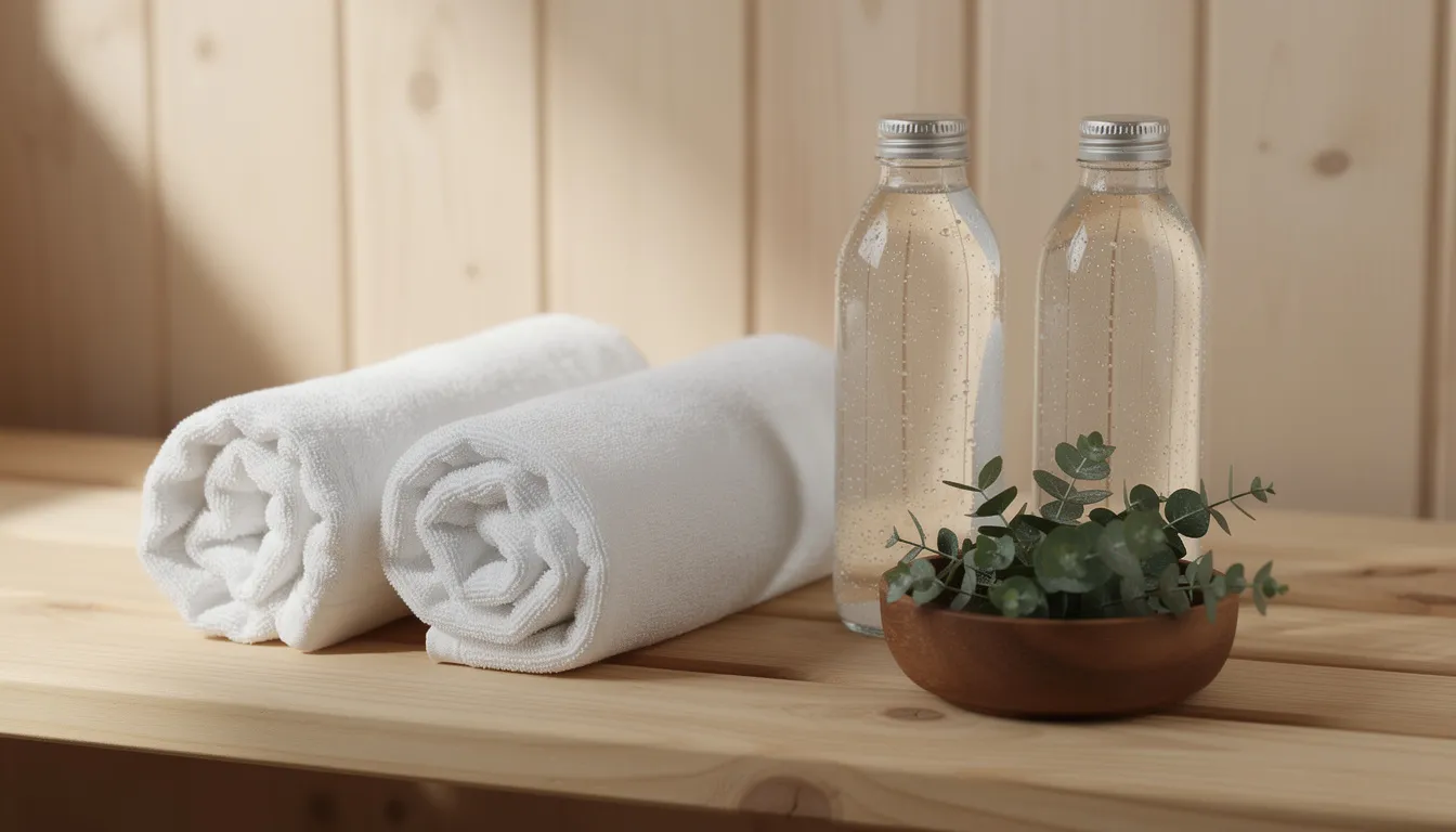 The image features two neatly rolled white towels, two glass water bottles, and a small wooden bowl filled with eucalyptus sprigs, all arranged on a light wooden sauna bench, creating a serene setup for a sauna for couples. This tranquil environment invites shared relaxation and wellness, enhancing the sauna experience with the refreshing scent of eucalyptus and the promise of health benefits.