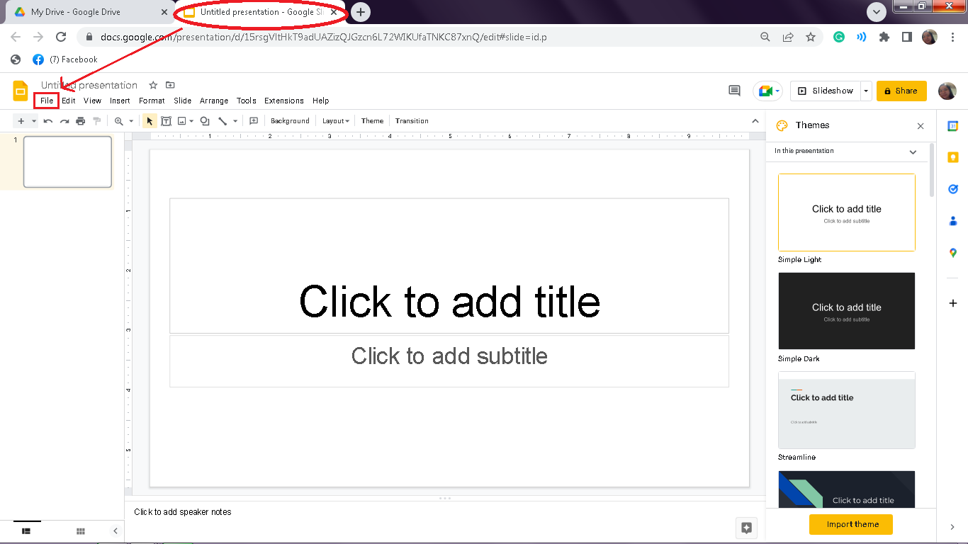 A new tab of "Google Slides" with blank google slides presentation will pop-up, navigate for the "File" tab
